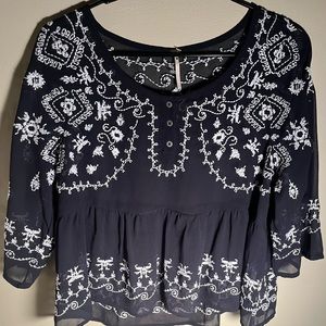 NWT Gorgeous Free People Sheer Black Babydoll Shirt with White Embroidery XS